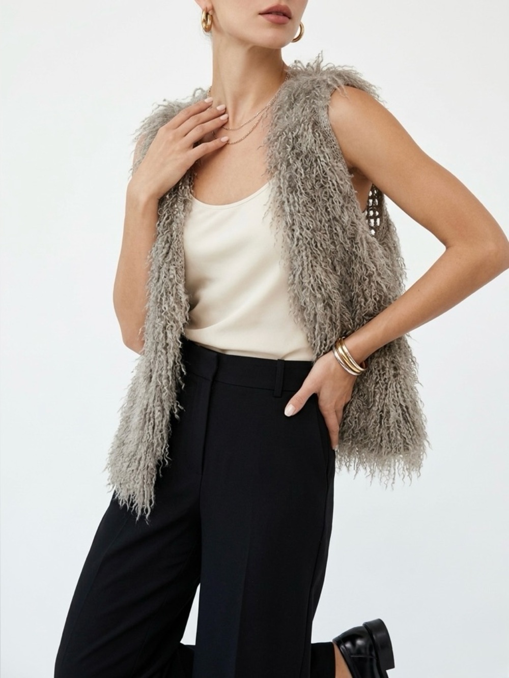 Fuzzy Feathered-Trim Knit Open Front Shaggy Vest